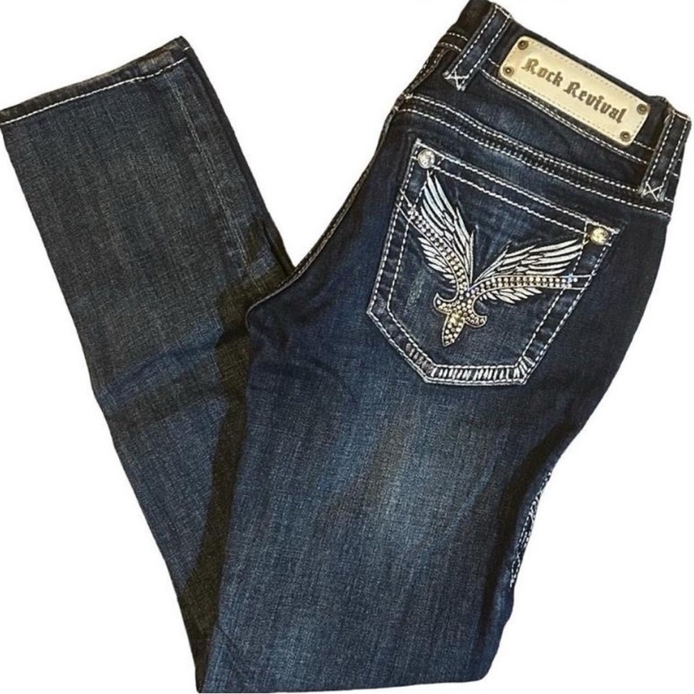 Rock Revival Dark Blue Embroidered Wing Pocket Jeans Size 24/31 Worn Once white
